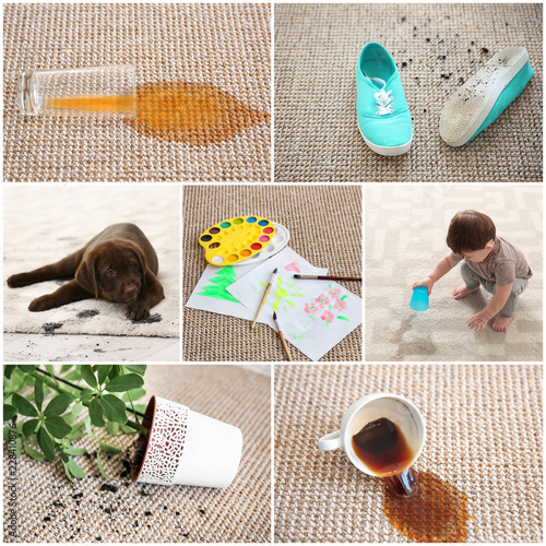 Set with different types of dirt on carpets. Cleaning concept photo