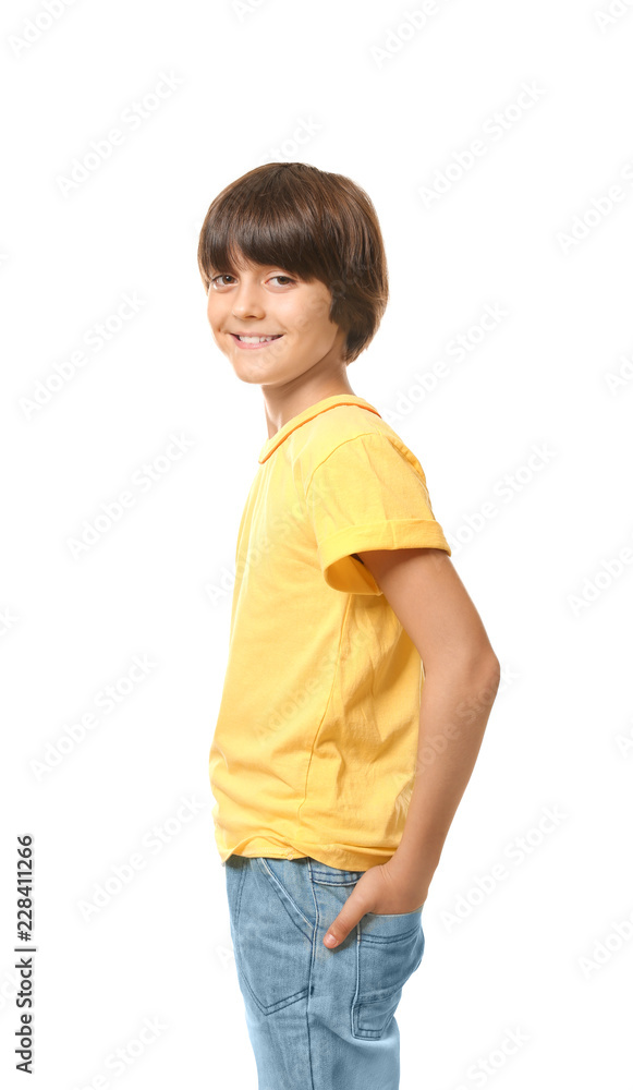 Smiling little boy in t-shirt on white background Smiling little boy in t-shirt on white background
