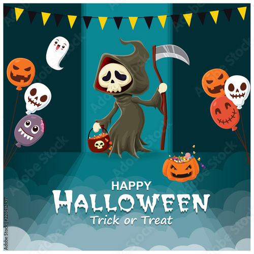 Vintage Halloween poster design with vector reaper character. 