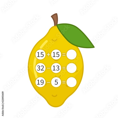 Counting educational children game, math kids activity sheet.  Cartoon lemon.