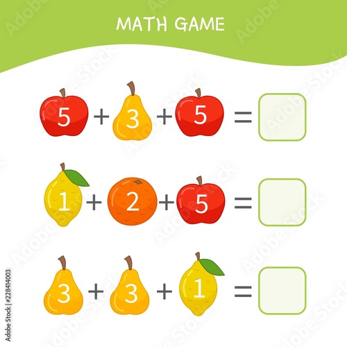 Counting educational children game, math kids activity sheet.  Cartoon fruits.
