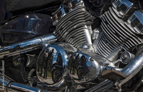 Shiny chrome motorcycle engine block Chopper. © AKlion