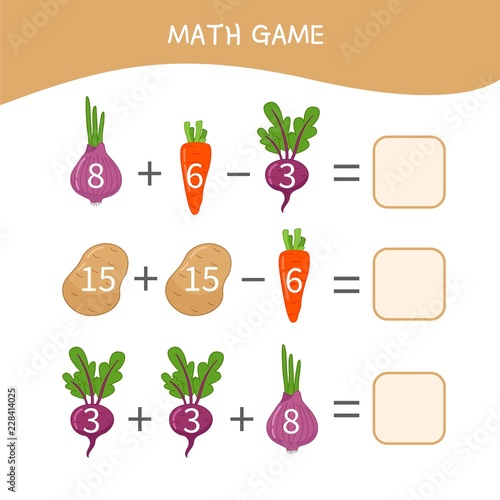 Counting educational children game, math kids activity sheet.  Cartoon vegetables.