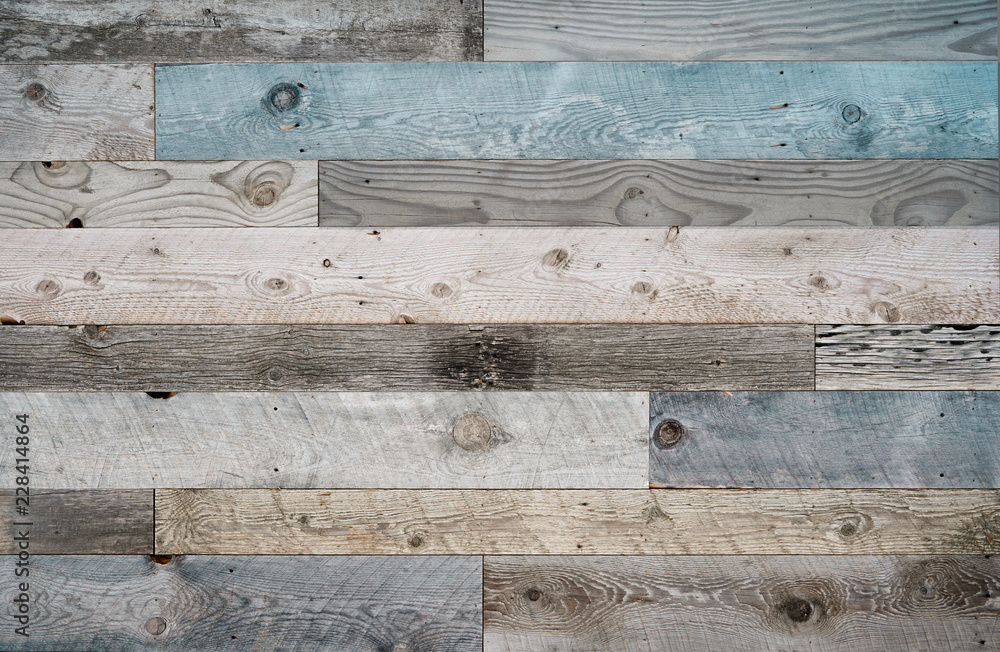 Pale faded brown and cool blue reclaimed wood surface with aged boards lined up. Wooden planks on a wall or floor with grain and texture. Neutral stained vintage wood background. - obrazy, fototapety, plakaty 