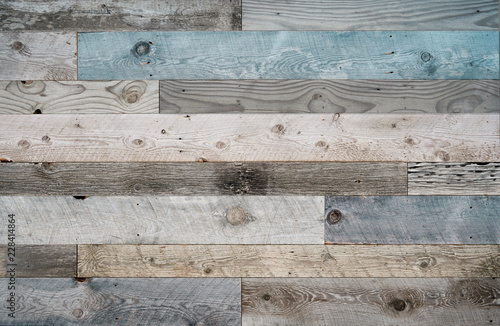 Tablou pe pânză Pale faded brown and cool blue reclaimed wood surface with aged boards lined up