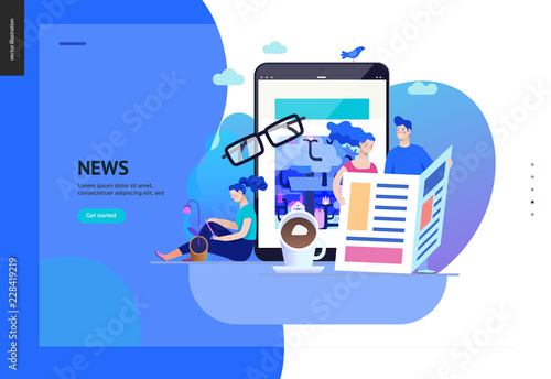 Business series, color 2 - news or articles- modern flat vector illustration concept of people reading news on various medium and tablet screen, glasses, coffee. Creative landing page design template