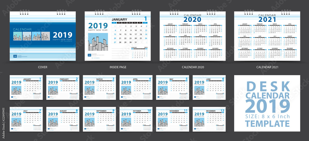 Desk calendar 2019 template, Set of 12 Months, Calendar 2020-2021 artwork, Planner, Week starts on Sunday, Stationery design, advertisement, Vector layout, blue cover design, business brochure flyer Desk calendar 2019 template, Set of 12 Months, Calendar 2020-2021 artwork, Planner, Week starts on Sunday, Stationery design, advertisement, Vector layout, blue cover design, business brochure flyer