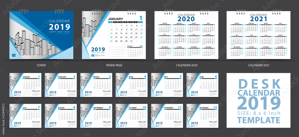 Desk calendar 2019 template, Set of 12 Months, Calendar 2020-2021 artwork, Planner, Week starts on Sunday, Stationery design, advertisement, Vector layout, blue cover design, business brochure flyer