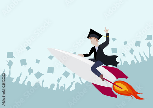 Education the start of a successful career. University graduate in a mantle and cap riding a rocket, 
