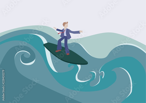 Businessman on surf. businessman catches the wave. Concept of startup business, 