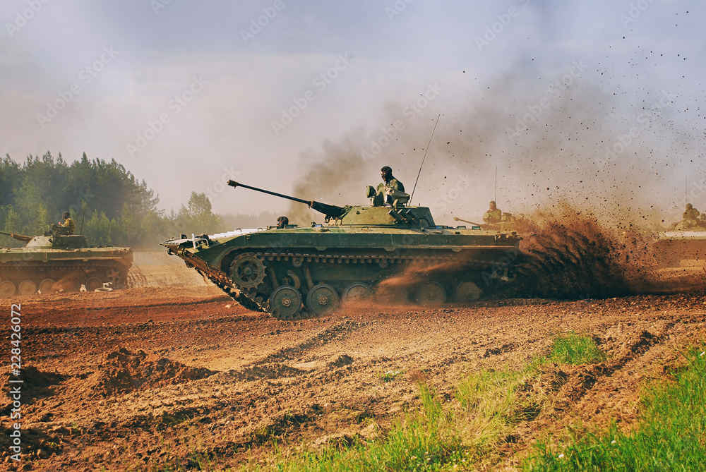 Infantry fighting vehicle BMP-2 is preparing to participate in the parade. Training, Fighting vehicle, Belarussian army.