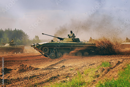 Infantry fighting vehicle BMP-2 is preparing to participate in the parade. Training, Fighting vehicle, Belarussian army. photo