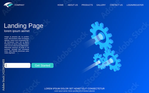 Website landing page vector template. Blue vector background with abstract isometric cogwheels illustration