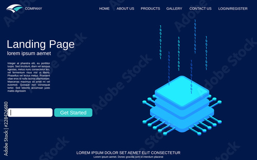 Website landing page vector template. Blue background with computer processor isometric concept illustration