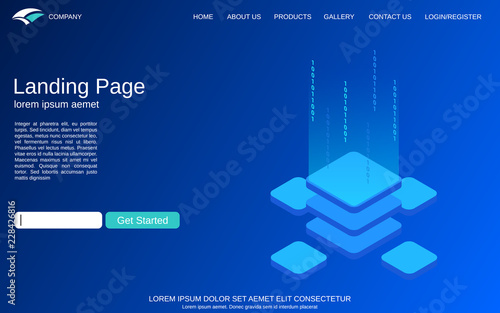 Website landing page vector template. Blue background with digital technology isometric comcept illustration