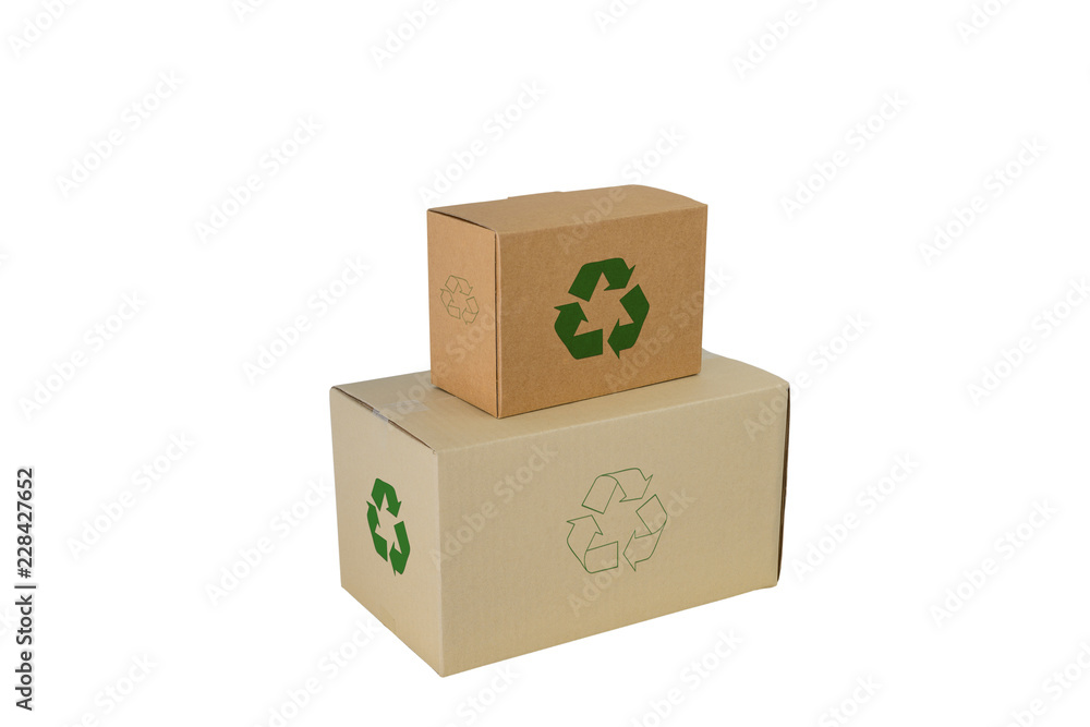 Obraz premium Boxes with Recycle Sign in different sizes stacked boxes isolated on white background