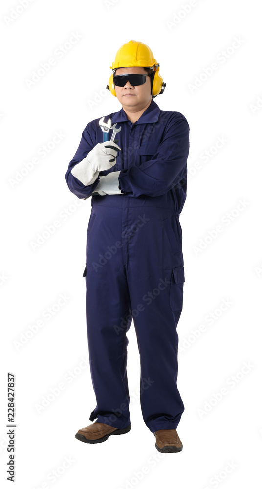 portrait of a worker in Mechanic Jumpsuit is holding a wrench isolated on white background portrait of a worker in Mechanic Jumpsuit is holding a wrench isolated on white background