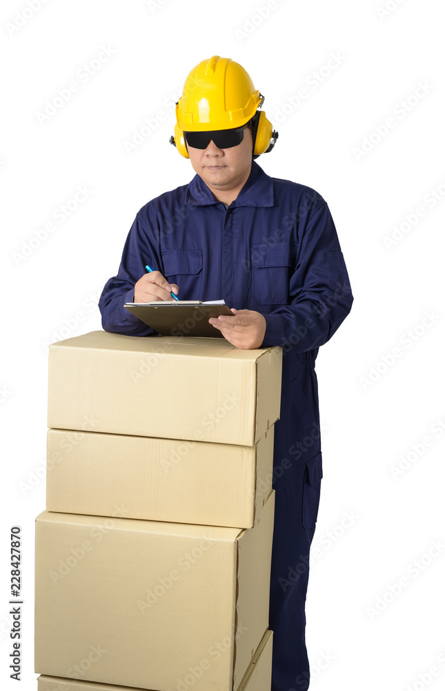 worker in Mechanic Jumpsuit with stack of boxes and Checking Products isolated on white background worker in Mechanic Jumpsuit with stack of boxes and Checking Products isolated on white background