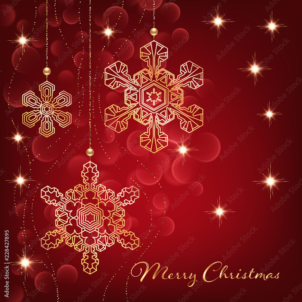 Illustration of christmas greeting card or invitation with decorative snowflakes, golden beads and bokeh lights on red background Illustration of christmas greeting card or invitation with decorative snowflakes, golden beads and bokeh lights on red background