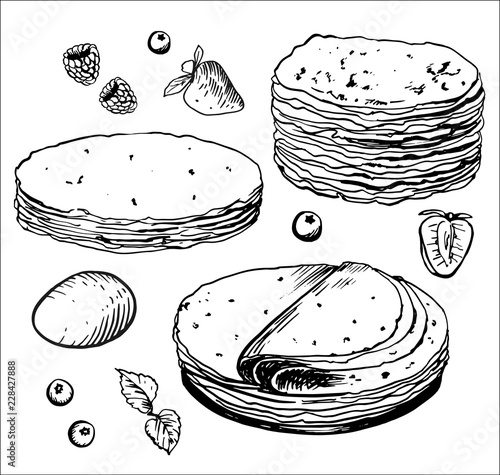 Russian pancakes. A set of pancakes and products for cooking, drawn by hand with ink and pen. Vector