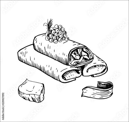 Russian pancakes. A set of pancakes and products for cooking, drawn by hand with ink and pen. Vector