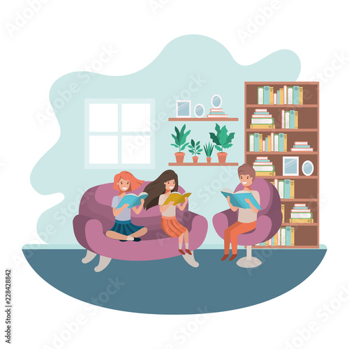 group of people with book in livingroom avatar character 