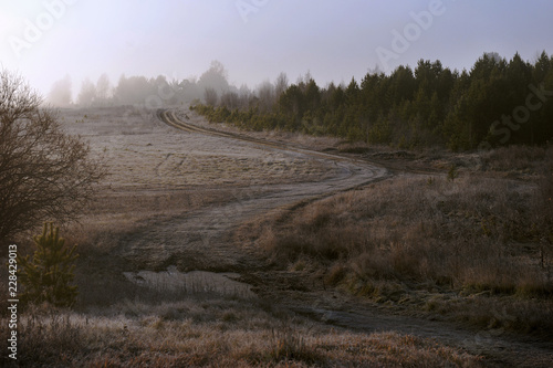 Morning landscape with road and fog. Beautiful autumn landscape
