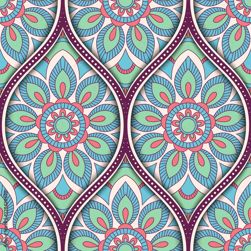 Seamless pattern with ethnic mandala ornament. Hand drawn illustration