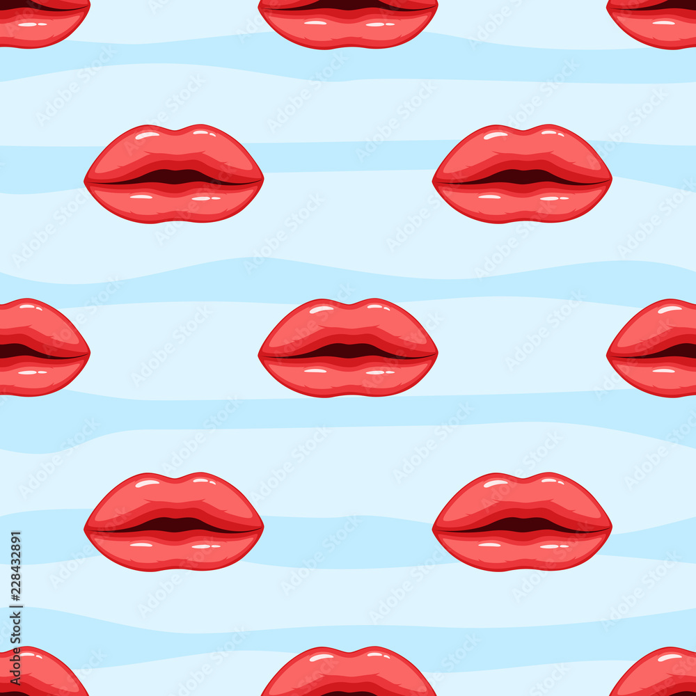 Seamless pattern pink lips on striped background Seamless pattern pink lips on striped background