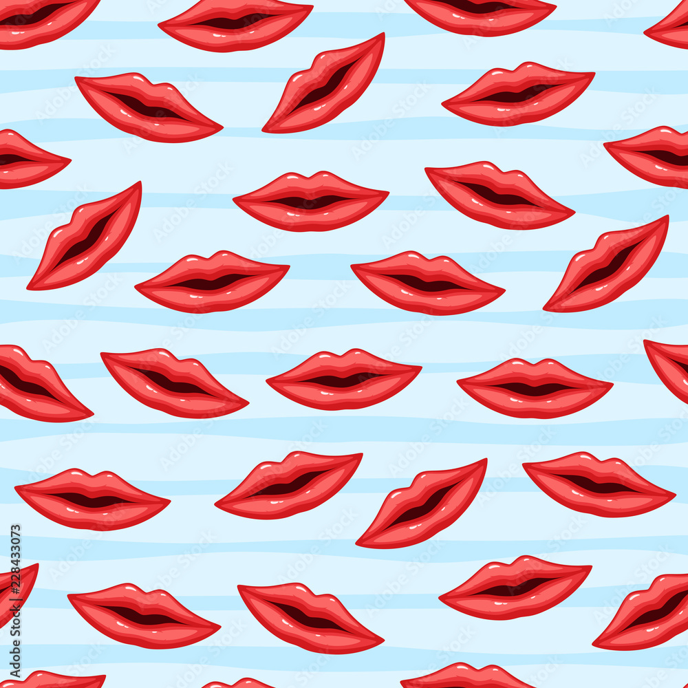 Fototapeta premium Seamless pattern red lips on striped background