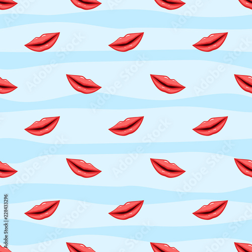 Seamless pattern red lips on striped background