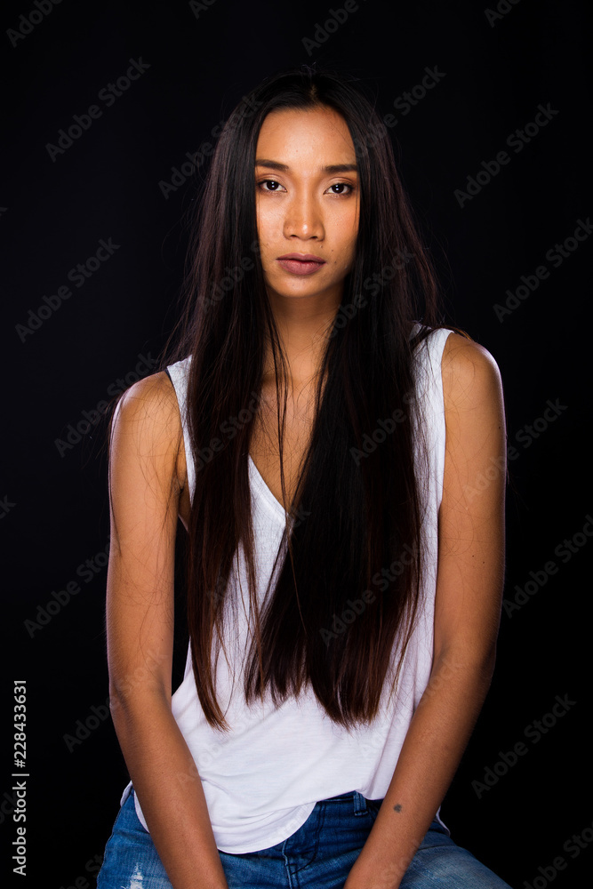 Asian Long straight black hair tan skin white vest Asian Long straight black hair tan skin white vest