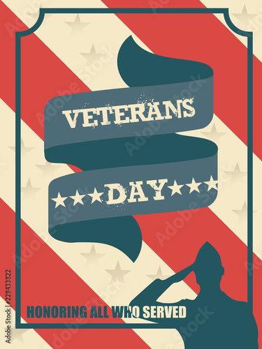 veterans day poster,banner vintage style with silhouette soldier, grunge font, red and white background
