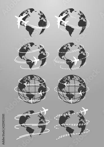 Set of Travel icons with airplane fly around the earth