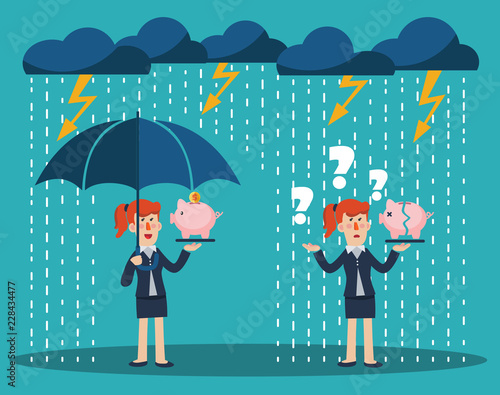 Business woman with umbrella standing under thunderstorm protecting piggy bank. Saving money for any storm problem will come. Business and finance vector concept