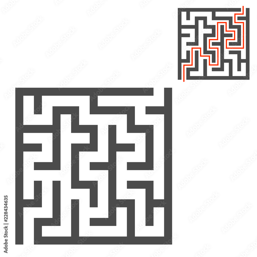 Abstract square maze. Game for kids. Puzzle for children. One entrance, one exit. Labyrinth conundrum. Flat vector illustration isolated on white background. With answer. Abstract square maze. Game for kids. Puzzle for children. One entrance, one exit. Labyrinth conundrum. Flat vector illustration isolated on white background. With answer.