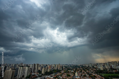 The storm is coming. Hurricane. Ground and sky. Cityscape. Sao Paulo city landscape, Brazil South America. 