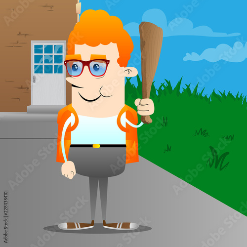 Schoolboy holding wooden club in his hand. Vector cartoon character illustration.