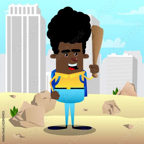 Schoolboy holding wooden club in his hand. Vector cartoon character illustration.