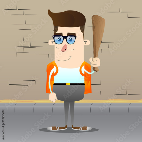 Schoolboy holding wooden club in his hand. Vector cartoon character illustration.