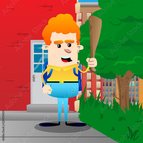 Schoolboy holding wooden club in his hand. Vector cartoon character illustration.