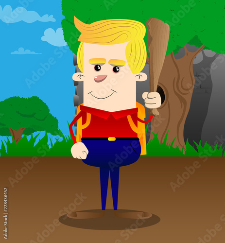 Schoolboy holding wooden club in his hand. Vector cartoon character illustration.