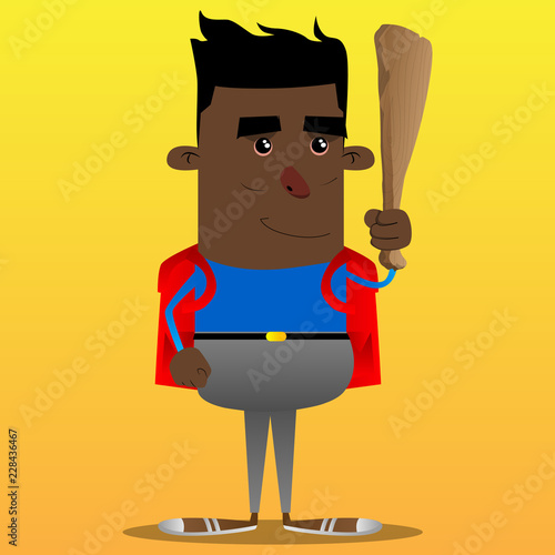 Schoolboy holding wooden club in his hand. Vector cartoon character illustration.