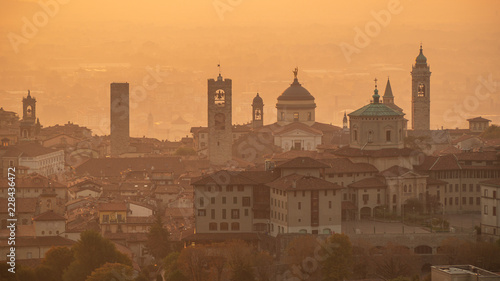 Bergamo. Italy. Drone aerial view of a morning landscape at the old town during fall season