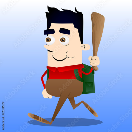 Schoolboy holding wooden club in his hand. Vector cartoon character illustration.