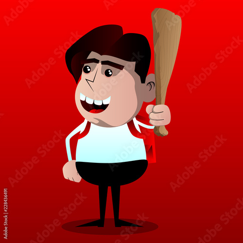 Schoolboy holding wooden club in his hand. Vector cartoon character illustration.