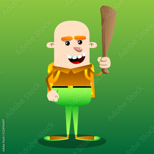 Schoolboy holding wooden club in his hand. Vector cartoon character illustration.