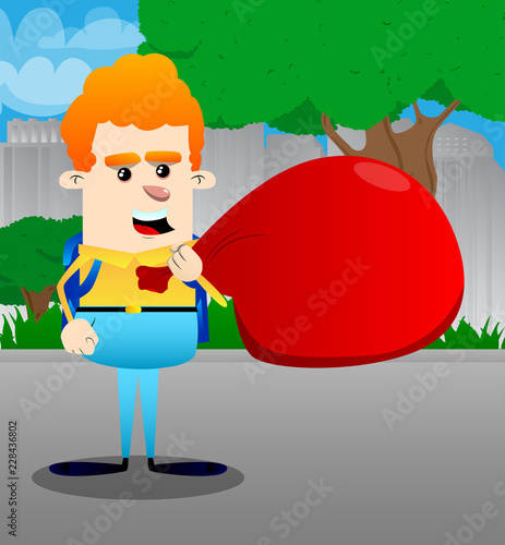 Schoolboy carrying big red Santa's Christmas sack. Vector cartoon character illustration.