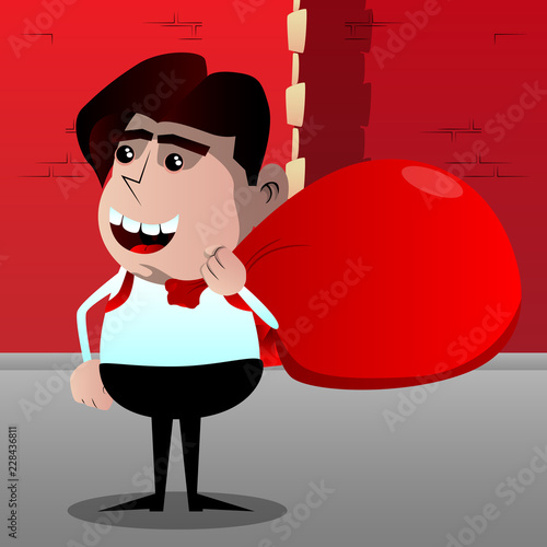 Schoolboy carrying big red Santa's Christmas sack. Vector cartoon character illustration.