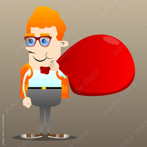 Schoolboy carrying big red Santa's Christmas sack. Vector cartoon character illustration.